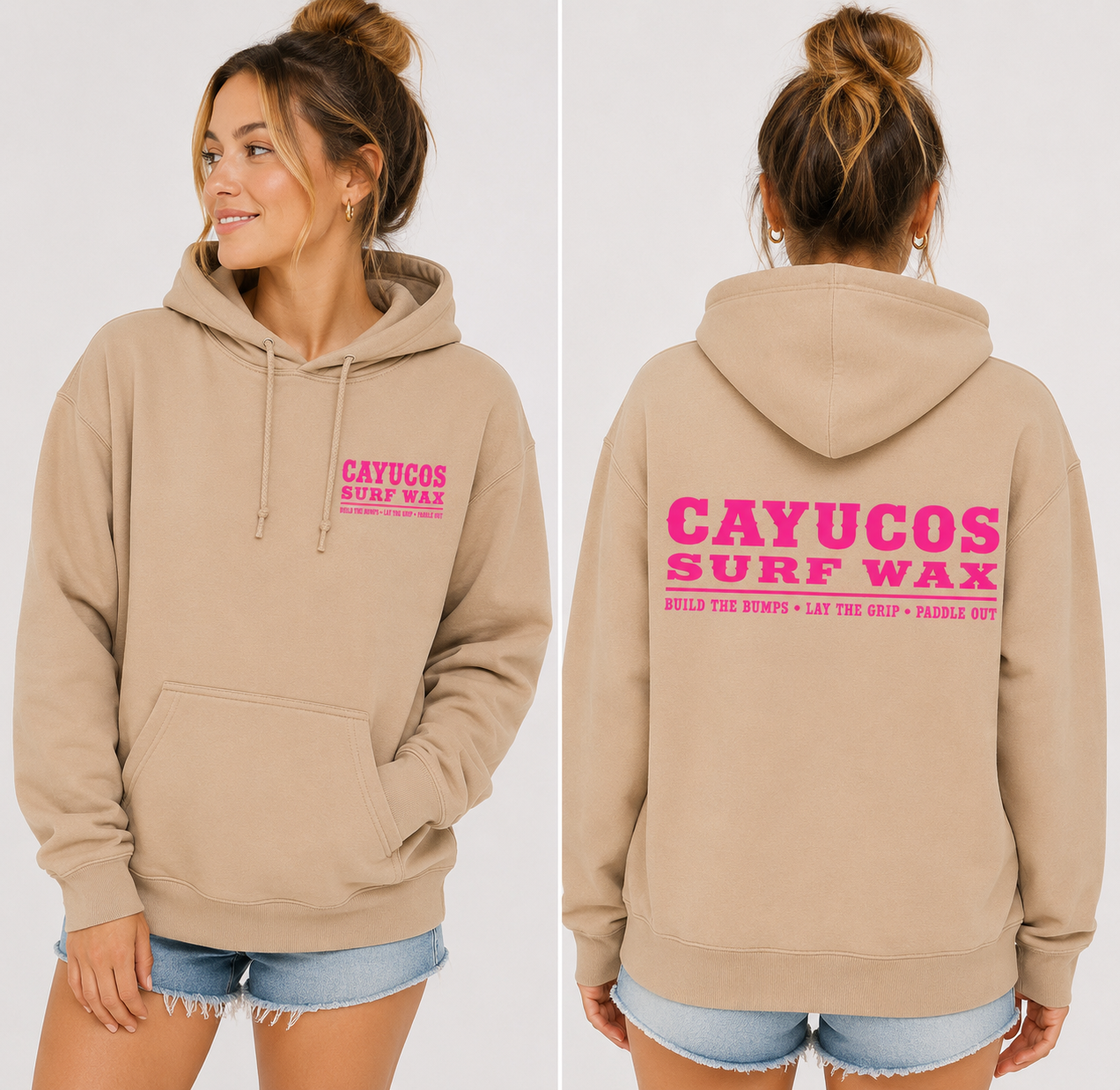 Sandstone Cayucos Surf Wax Heritage hoodie with pink logo