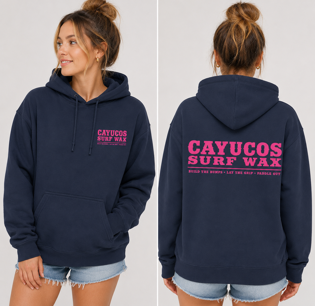 Storm blue Cayucos Surf Wax Heritage hoodie with pink logo