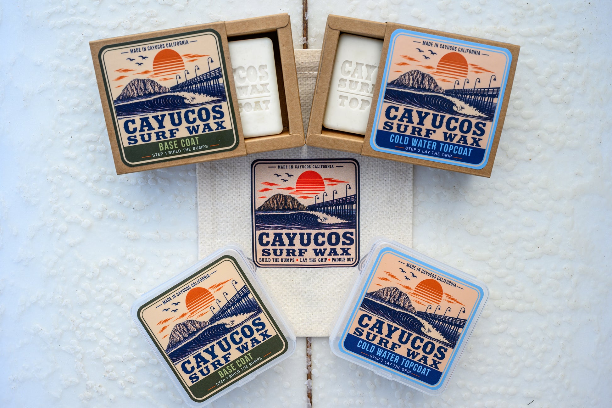 Cayucos Surf Wax Complete Starter Kit with Base Coat, Cold Water Topcoat and Signature Stash Pack