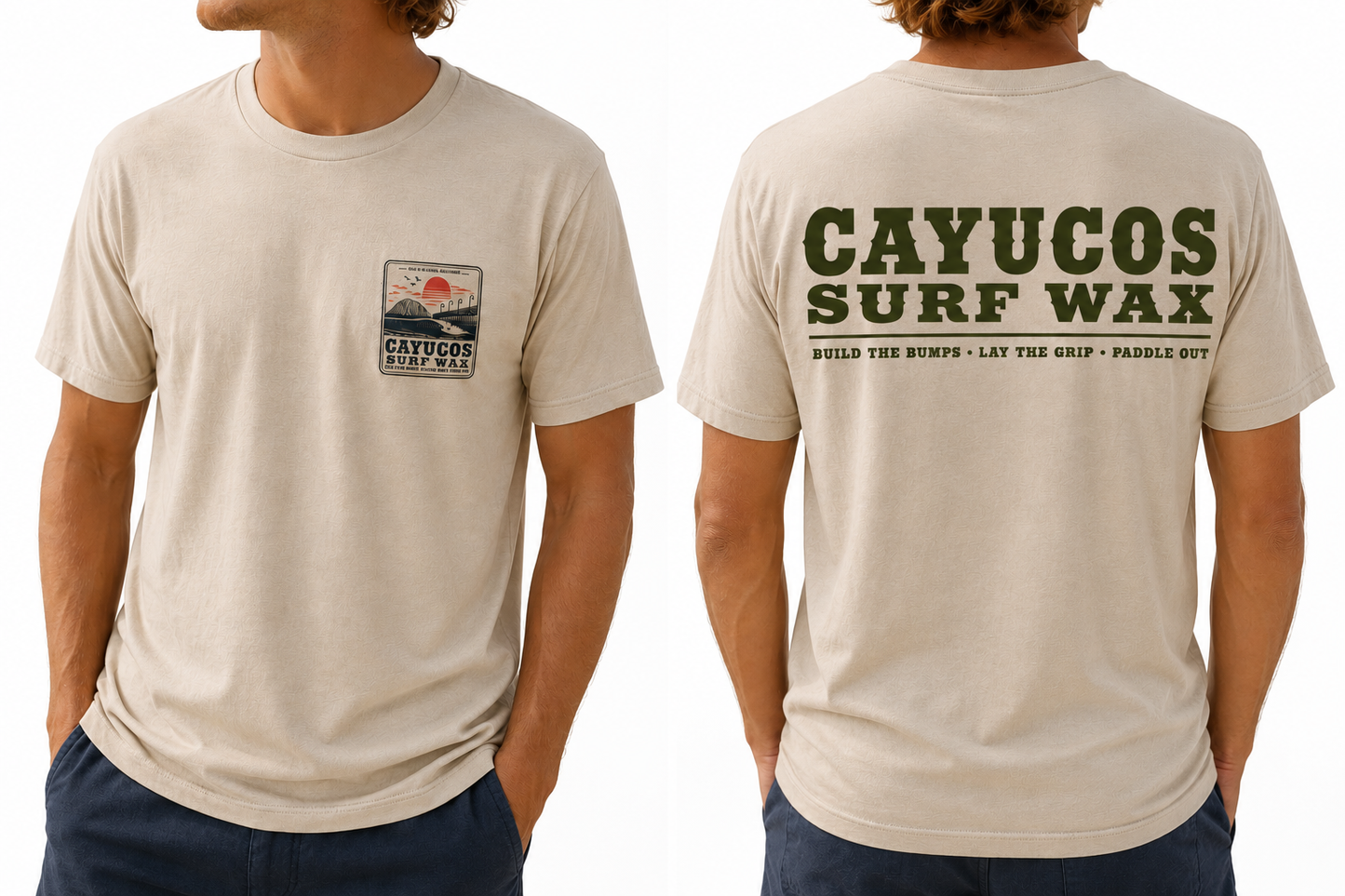 Cream Cayucos Surf Wax Heritage T-shirt with green logo