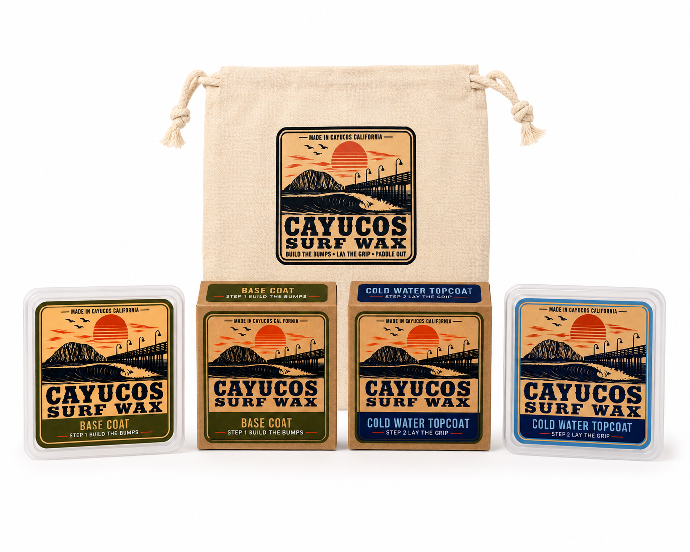 Cayucos Surf Wax Complete Starter Kit with Base Coat, Cold Water Topcoat and Signature Stash Pack