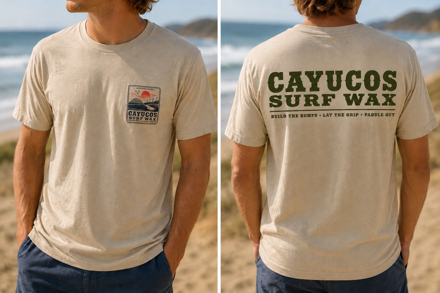 Cream Cayucos Surf Wax Heritage T-shirt with green logo