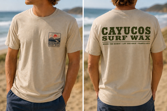 Cream Cayucos Surf Wax Heritage T-shirt with green logo