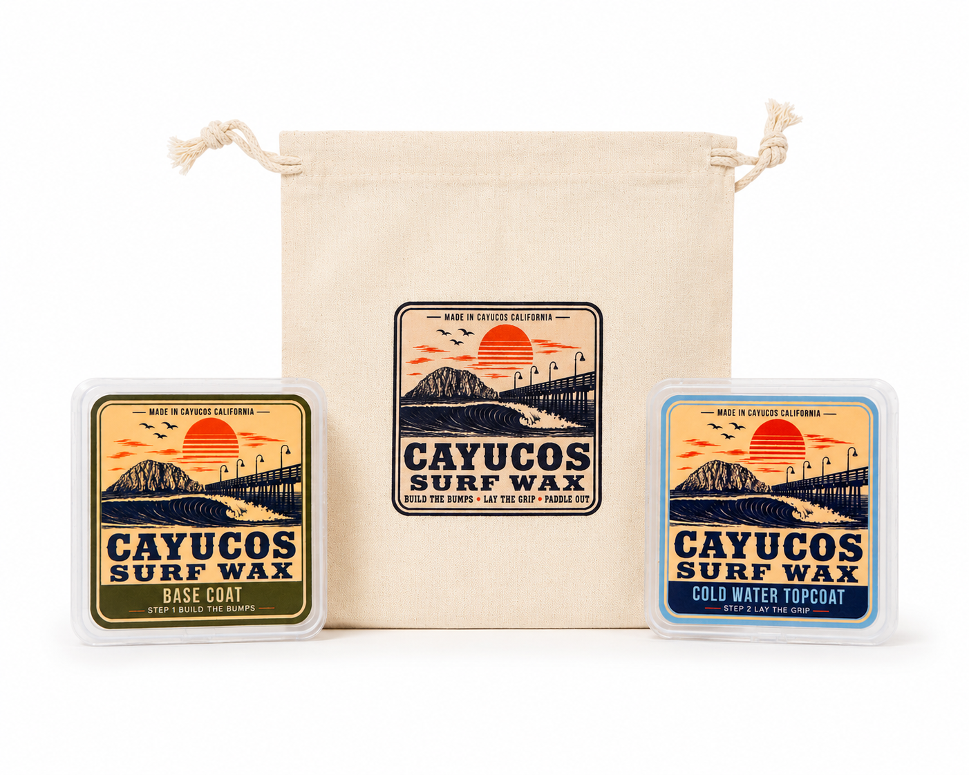 Cayucos Surf Wax Signature Stash Pack with reusable wax cases and muslin storage bag
