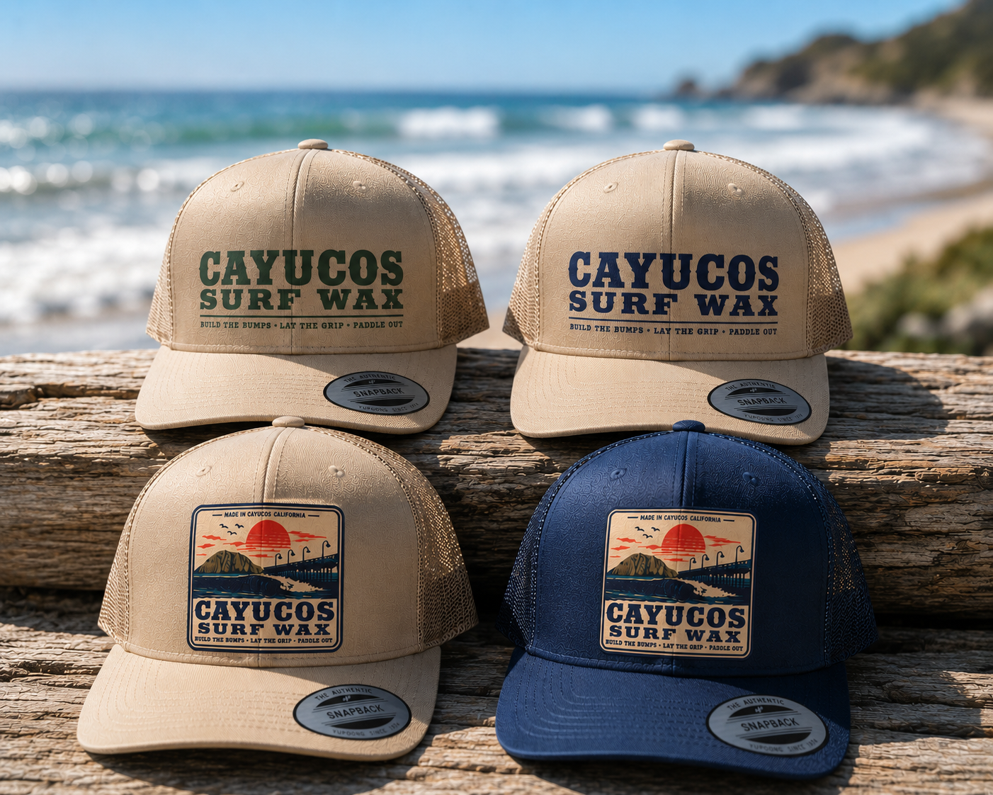 Trucker hats with embroidered navy Cayucos Surf Wax Heritage logo