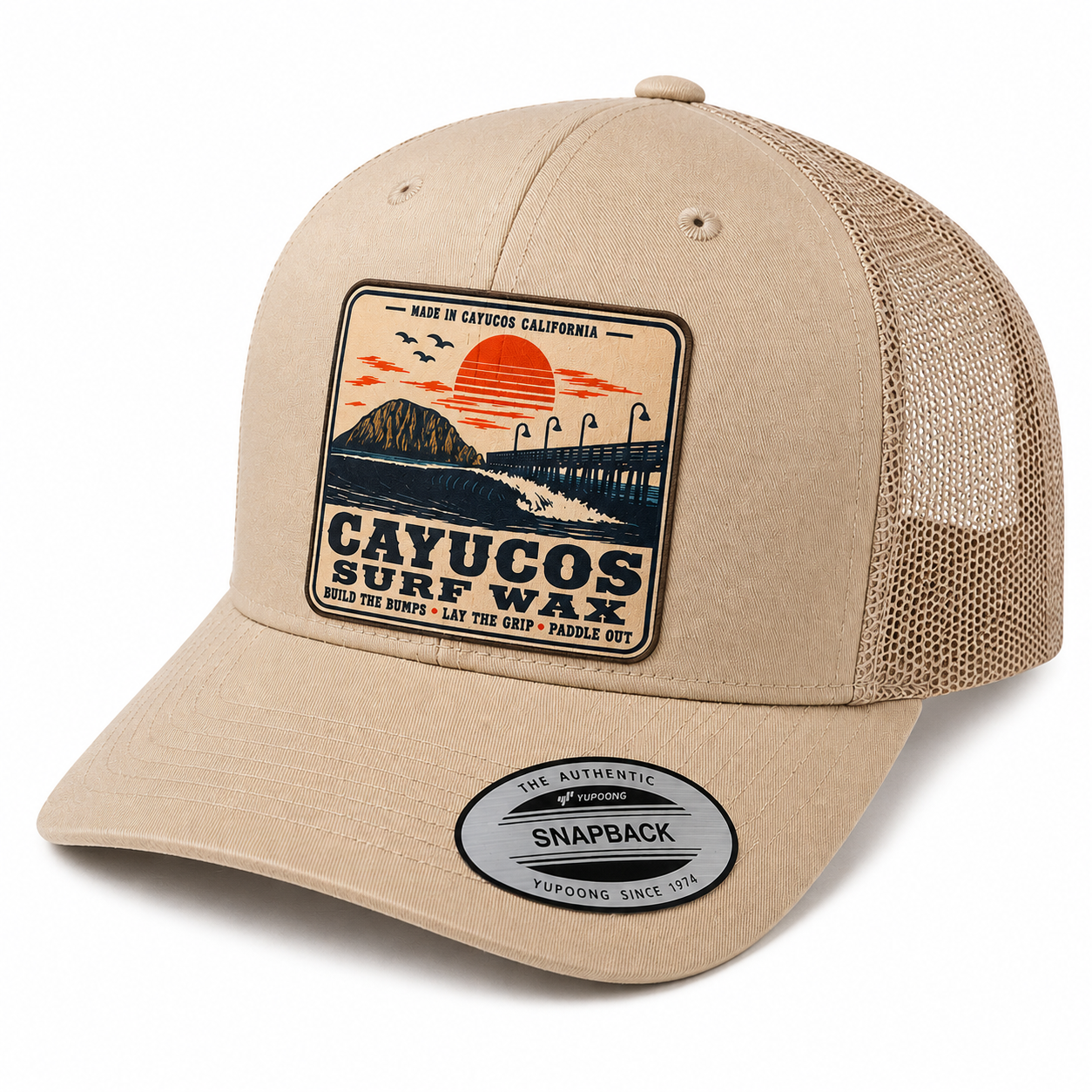 Khaki Cayucos Surf Wax Classic trucker hat with embroidered logo