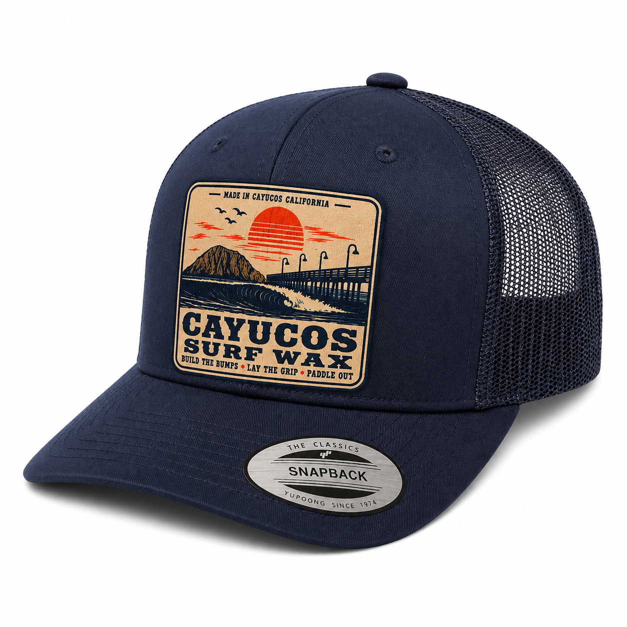 Navy Cayucos Surf Wax Classic trucker hat with embroidered logo