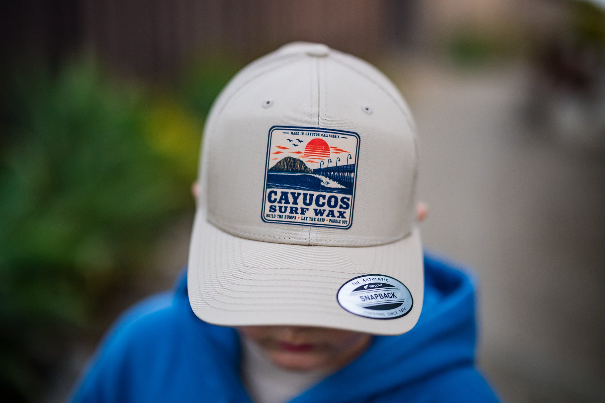 Khaki Cayucos Surf Wax Classic trucker hat with embroidered logo