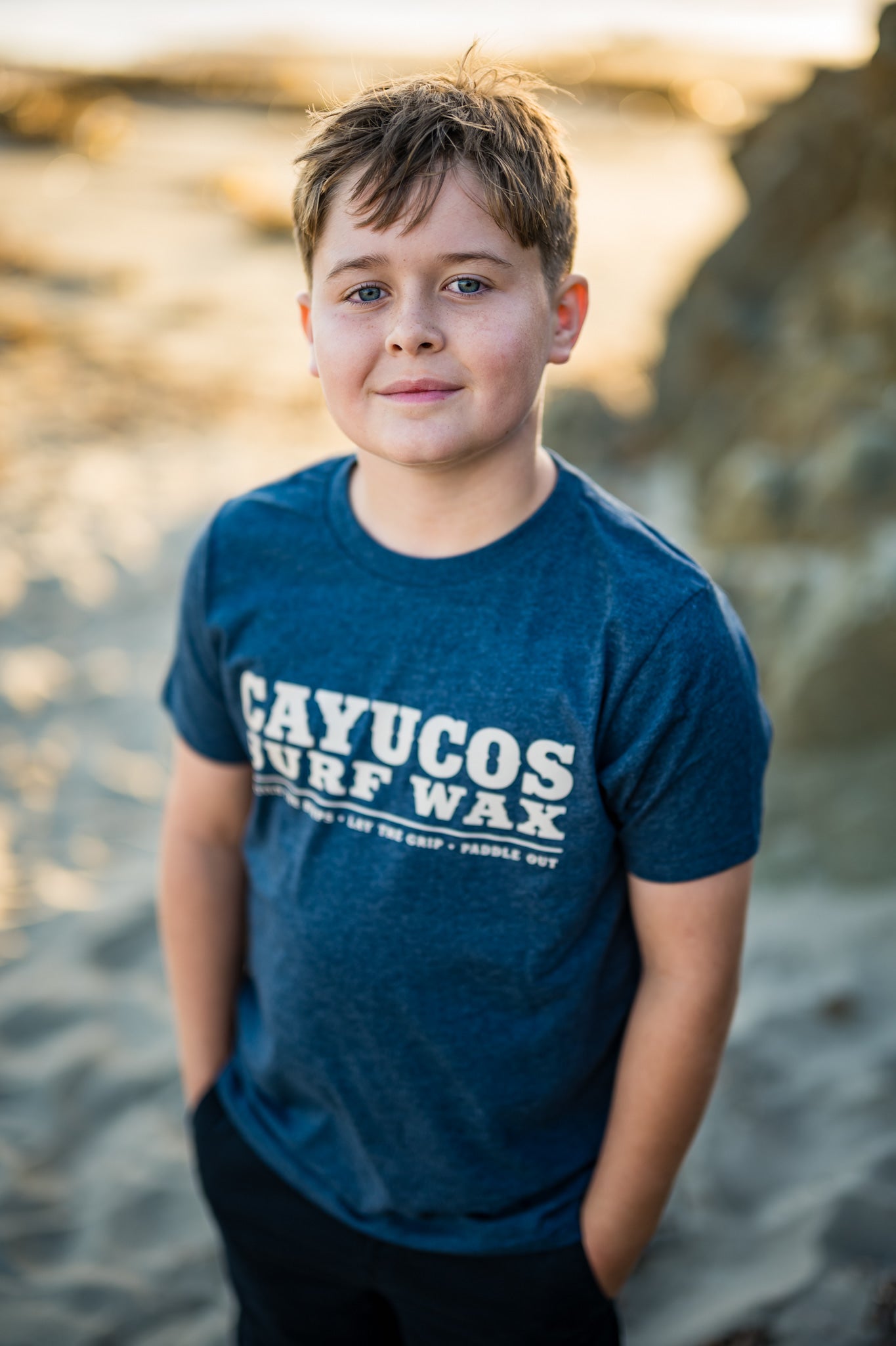 Kids blue Cayucos Surf Wax Heritage T-shirt with vintage tan logo