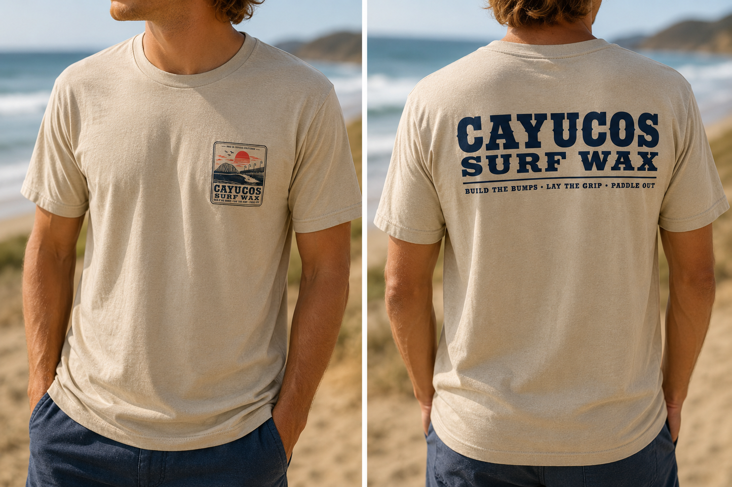 Cream Cayucos Surf Wax Heritage T-shirt with navy logo