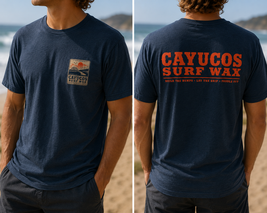 Navy Cayucos Surf Wax Heritage T-shirt with orange logo