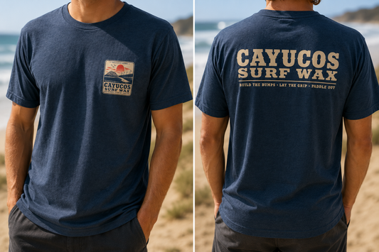 Navy Cayucos Surf Wax Heritage T-shirt with sand-colored logo