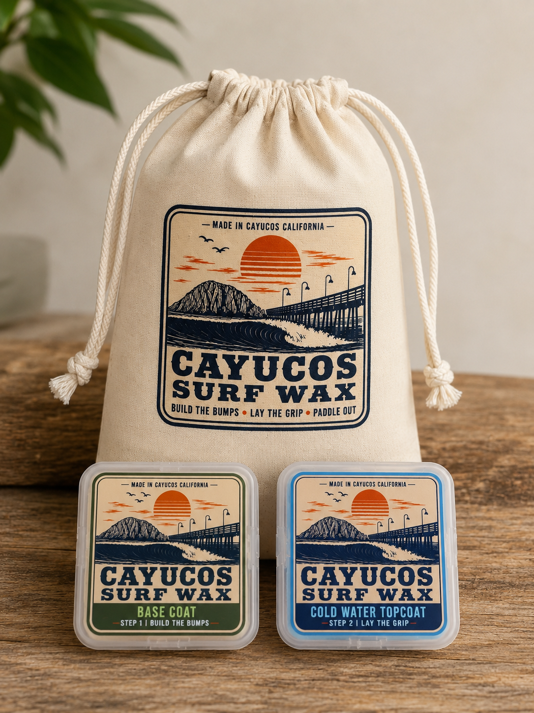 Cayucos Surf Wax Signature Stash Pack with reusable wax cases and muslin storage bag.